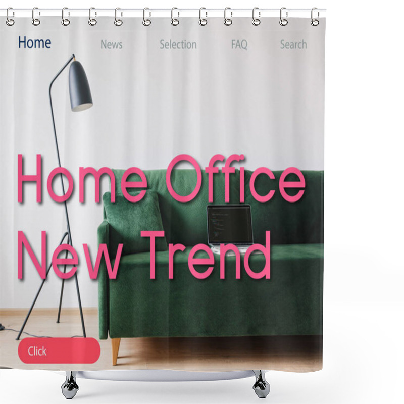 Personality  KYIV, UKRAINE - APRIL 14, 2020: Green Sofa And Laptop With Javascript On Screen Near Floor Lamp And Home Office New Trend Lettering  Shower Curtains