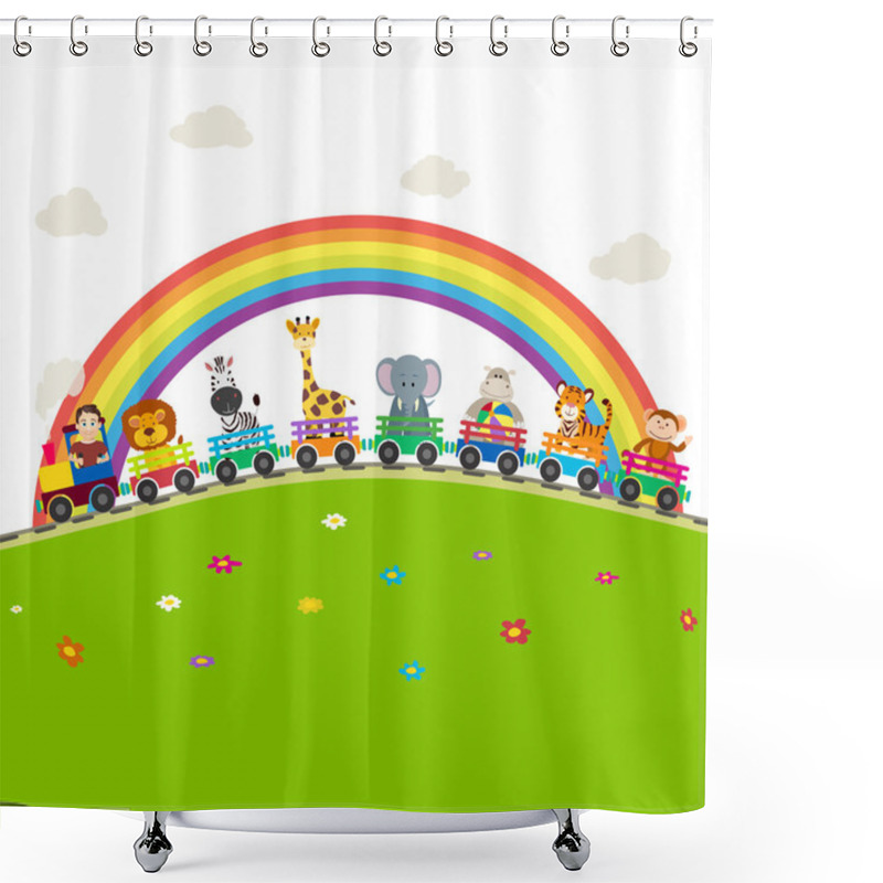 Personality  Cartoon Railway Train With Jungle Animals With Rainbow Backgroun Shower Curtains