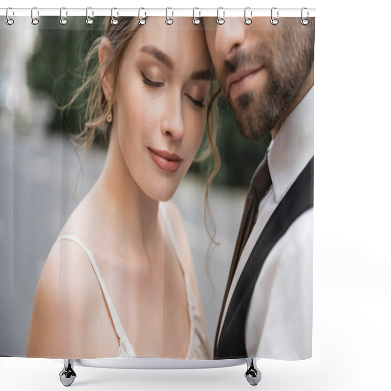 Personality  Portrait Of Sensual Bride And Bearded Groom In Vest With Tie  Shower Curtains