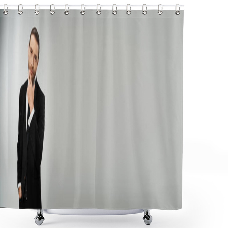 Personality  A Bearded Businessman Exudes Confidence In A Stylish Suit And Tie Against A Clean White Background. Shower Curtains