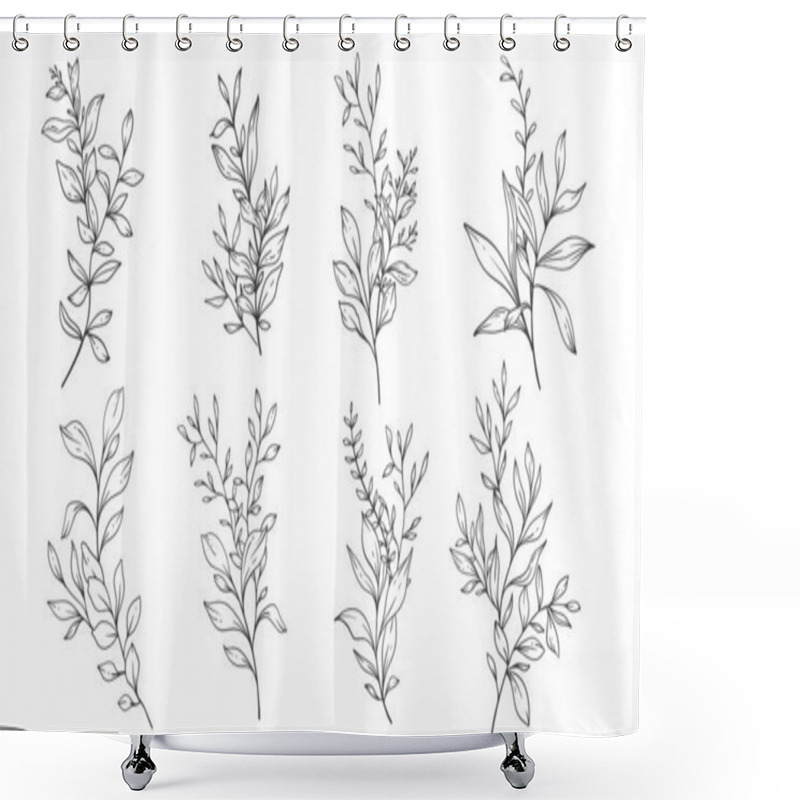 Personality  Floral Frames Line Art, Fine Line Greenery Frames Hand Drawn Illustration. Outline Leaves And Flowers.  Shower Curtains