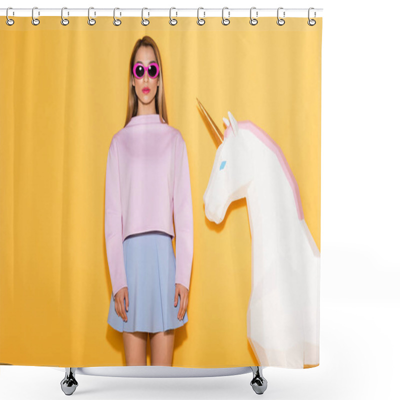 Personality  Asian Female Model In Sunglasses And Decorative Unicorn On Yellow Background  Shower Curtains