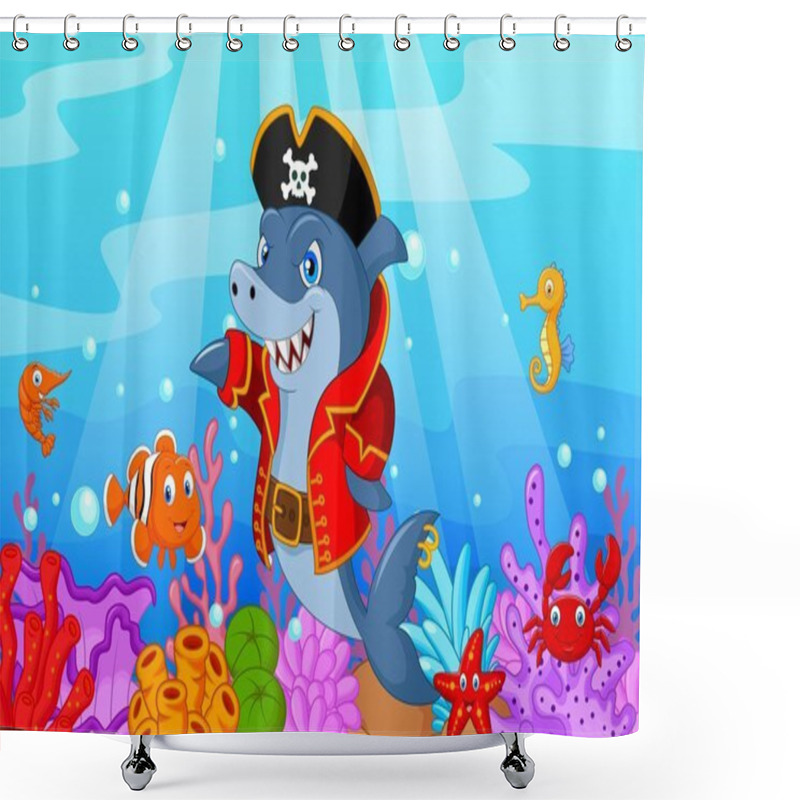 Personality  Cute Shark Pirate Cartoon With Collection Fish Shower Curtains