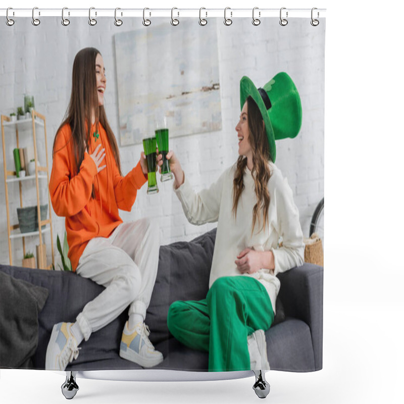 Personality  Cheerful Young Women Clinking Green Beer And Talking On Couch On Saint Patrick Day  Shower Curtains