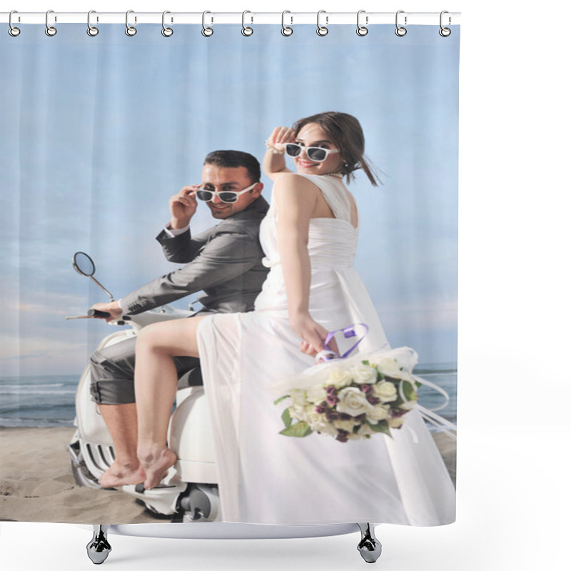 Personality  Just Married Couple On The Beach Ride White Scooter Shower Curtains