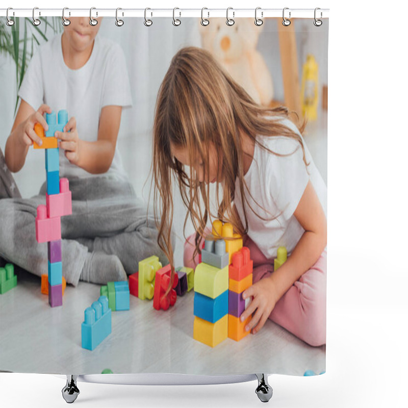 Personality  Cropped View Of Boy Playing With Building Blocks Near Sister While Sitting On Floor In Pajamas Shower Curtains