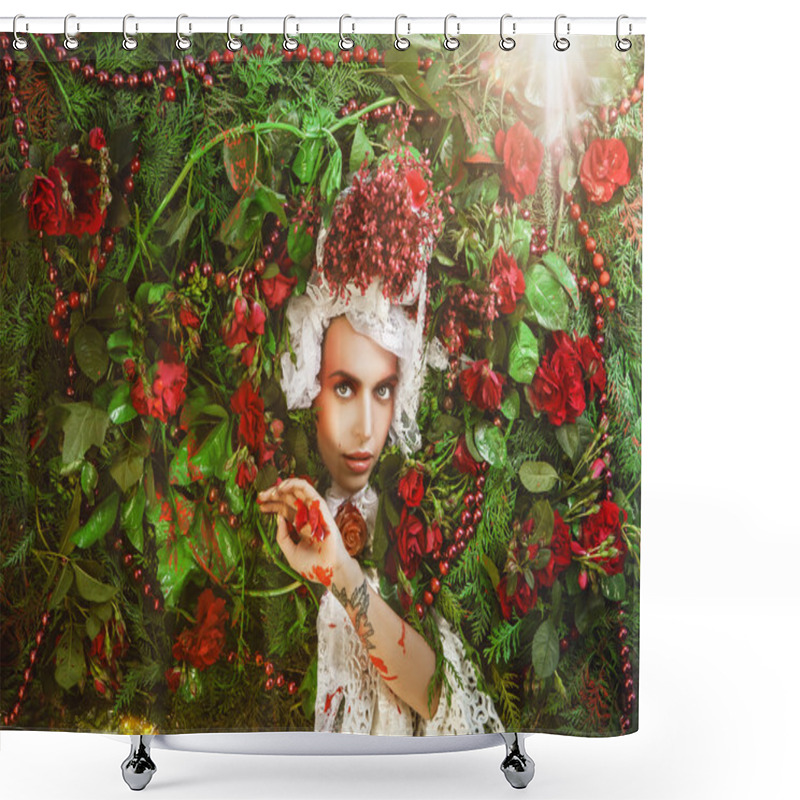 Personality  Fairy Tale Woman Portrait Surrounded With Natural Plants And Roses. Art Image In Bright Fantasy Stylization. Shower Curtains