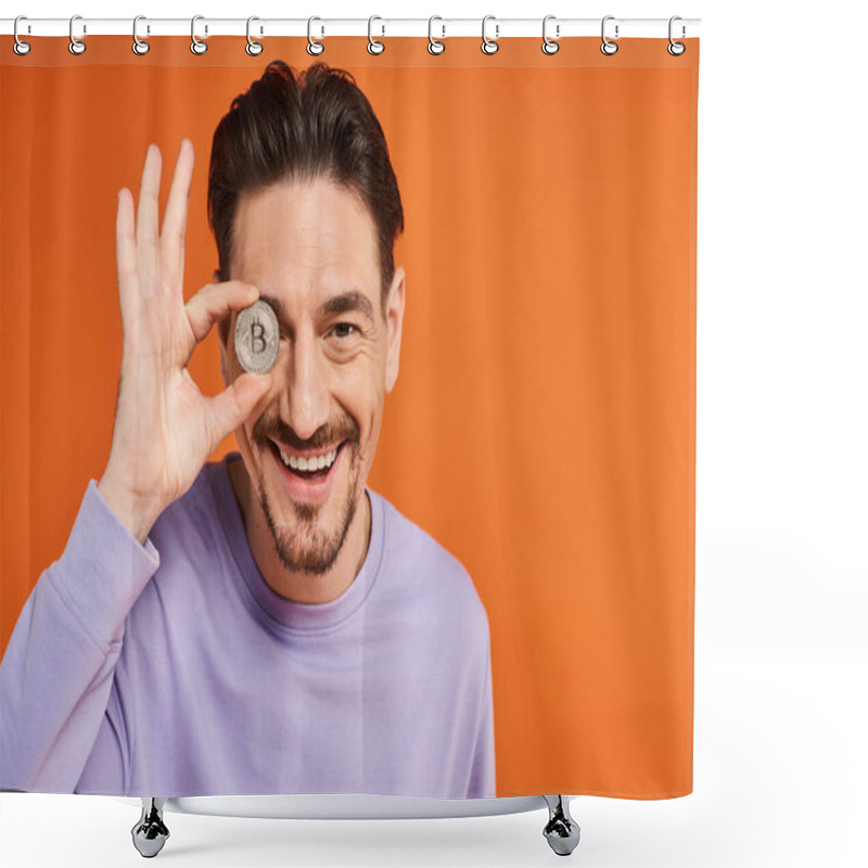 Personality  Happy Man Holding Bitcoin Over His Eye And Smiling At Camera On Orange Background, Cryptocurrency Shower Curtains