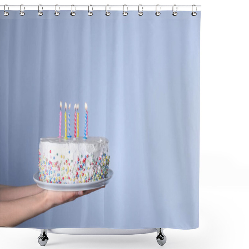 Personality  Woman Holding Birthday Cake With Burning Candles On Light Blue Background, Closeup. Space For Text Shower Curtains