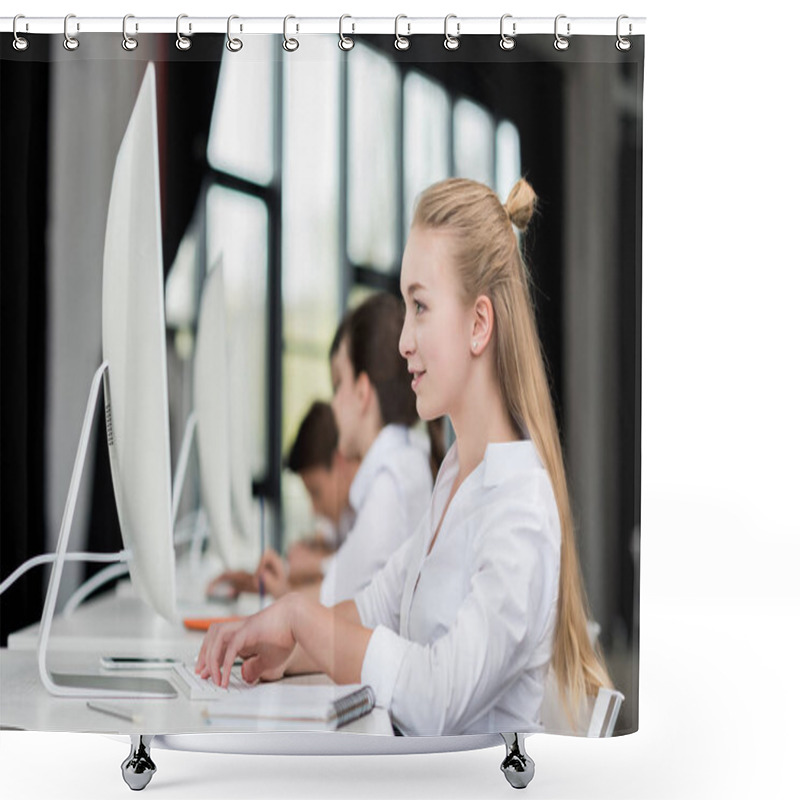 Personality  Smiling Teen Girl Working On Computer Shower Curtains