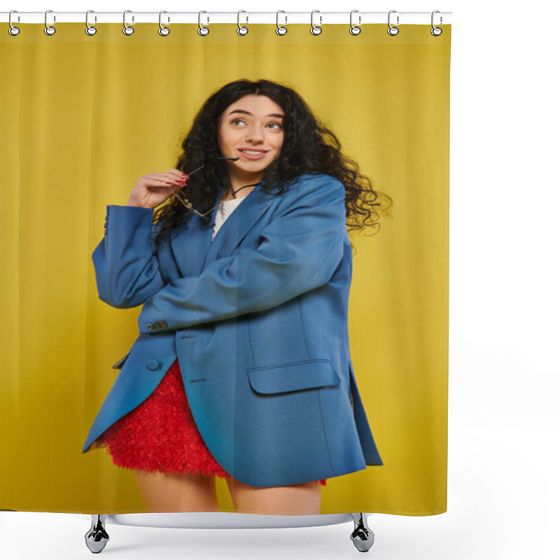 Personality  A Young Brunette Woman With Curly Hair Poses In A Stylish Blue Jacket And Red Skirt, Expressing Emotions Against A Yellow Background. Shower Curtains