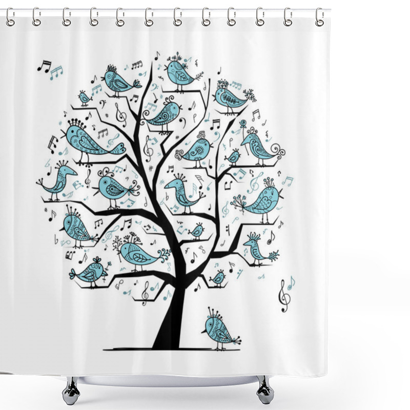 Personality  Funny Tree With Singing Birds For Your Design Shower Curtains