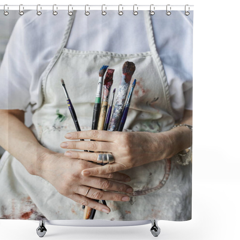 Personality  A Woman In An Art Studio Holds Her Paintbrushes While Immersed In Creativity. Shower Curtains