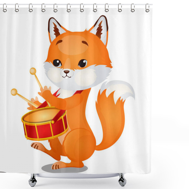 Personality  Small Wild Forest Animal Play On Musical Instrument. Fox With Pioneer Drum Isolated On White Background. Sketch Of Festive Poster, Party Invitation, Holiday Card. Vector Cartoon Close-up Illustration. Shower Curtains