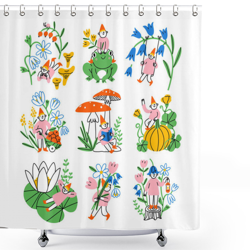 Personality  Cute Beautiful Hand Drawn Vector Illustrations Set About Magic, Gnomes And Their Secret Life In The Garden Shower Curtains