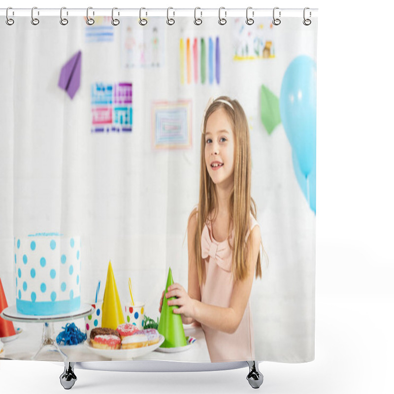 Personality  Adorable Smiling Kid At Festive Table With Party Caps And Birthday Cake Looking At Camera Shower Curtains