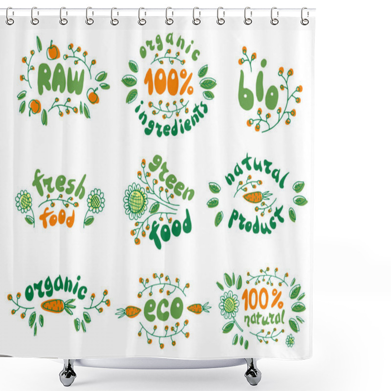 Personality  100% Fresh, Bio, Organic, Eco Food. Raw, Green Product. Vector Set Of Healthy Organic Food Labels. Vegetables, Leaves, Berries. Vegetarian Restaurant, Vegan Cafe Menu. Farm Market. Shower Curtains