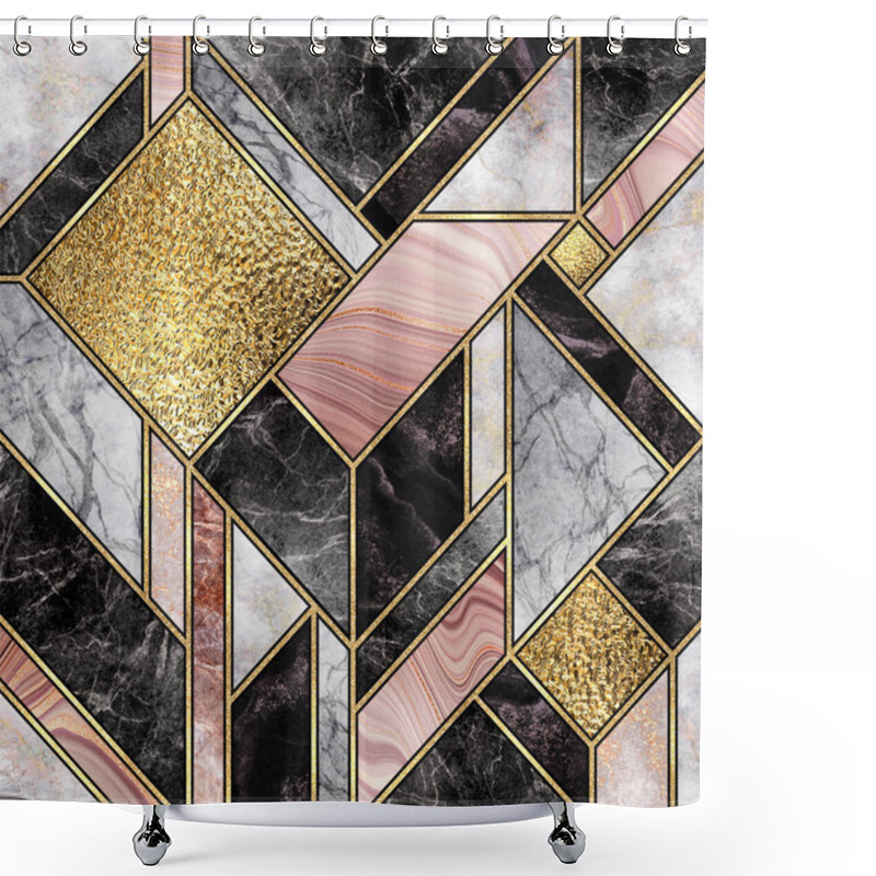 Personality  Modern Marble Mosaic, Abstract Background, Art Deco Wallpaper, Artificial Stone Texture, Rose Gold Black White Marbled Tile, Geometrical Fashion Marbling Illustration Shower Curtains