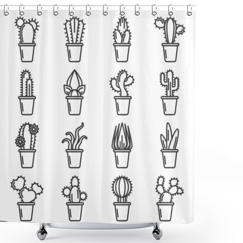 Personality  Cactus Icons Set. A Simple Linear Image Of Various Varieties Of Cacti In Pots. Isolated Vector On A White Background. Shower Curtains