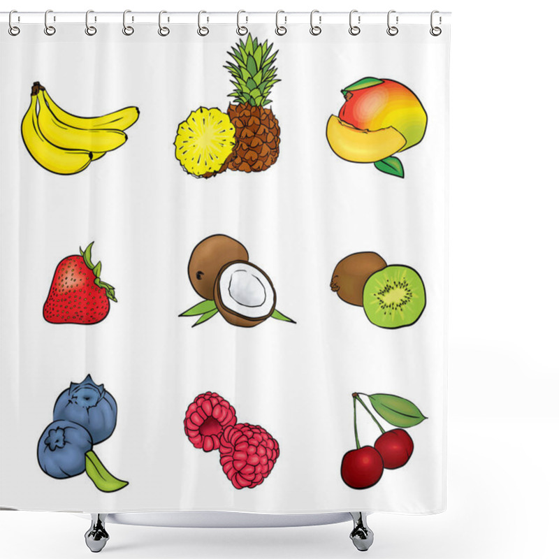 Personality  A Set Of Fruits. Vector Illustration With Coconut, Pineapple, Bananas, Raspberries, Strawberries, Blueberries, Cherries, Kiwi And Mango. Summer. Shower Curtains