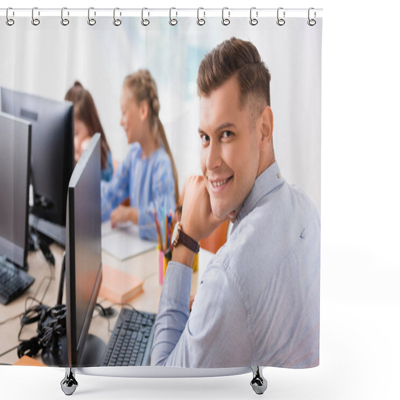 Personality  Selective Focus Of Teacher Looking At Camera Near Computers And Pupils In Classroom  Shower Curtains