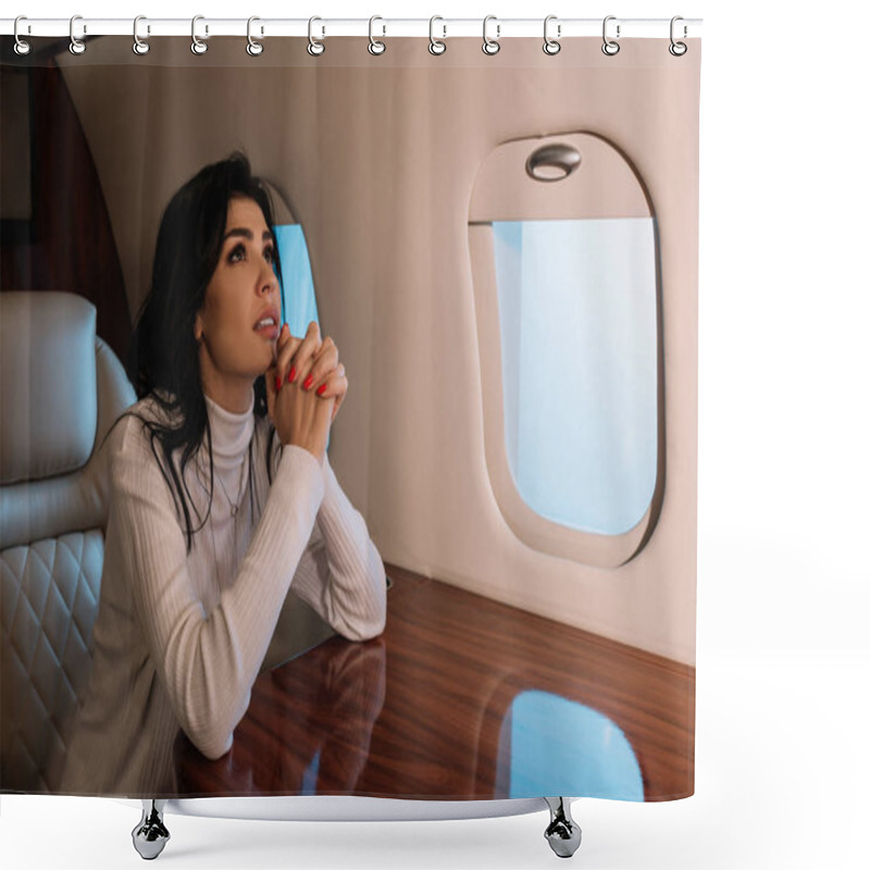 Personality  Scared Woman Sitting With Praying Hands In Private Jet  Shower Curtains