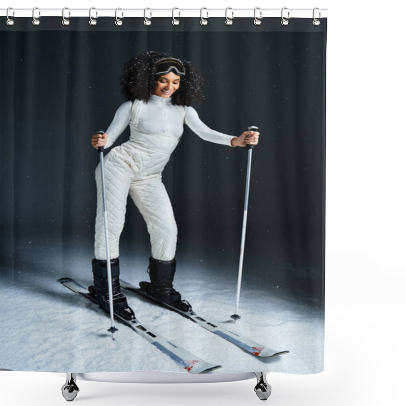 Personality  A Beautiful Brunette Woman Dressed In A Stylish Ski Suit Gracefully Navigates A Snowy Indoor Setting. Shower Curtains