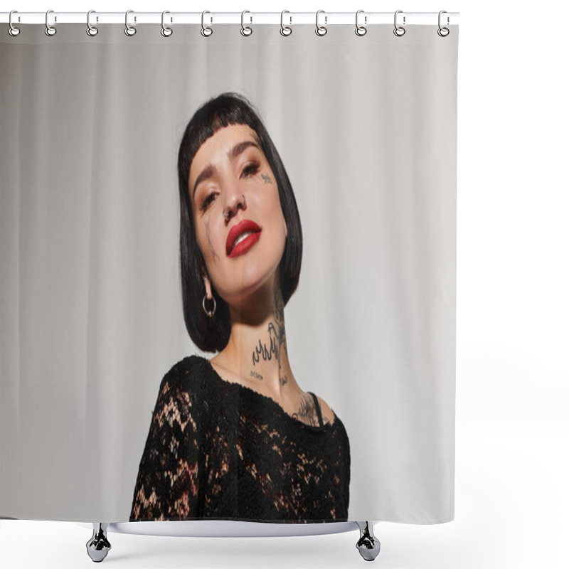 Personality  Stylish Woman Showcases Unique Tattoos And Modern Fashion In Elegant Lighting. Shower Curtains