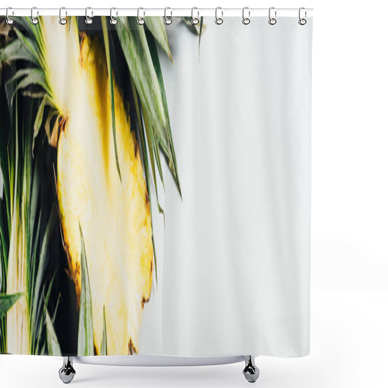 Personality  Top View Of Cut Juicy Pineapple On White Background, Panoramic Shot Shower Curtains