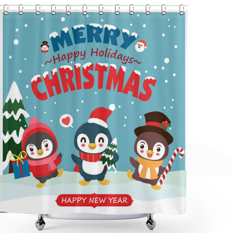 Personality  Vintage Christmas Poster Design With Vector Penguin, Snowman, Reindeer, Santa Claus Characters. Shower Curtains