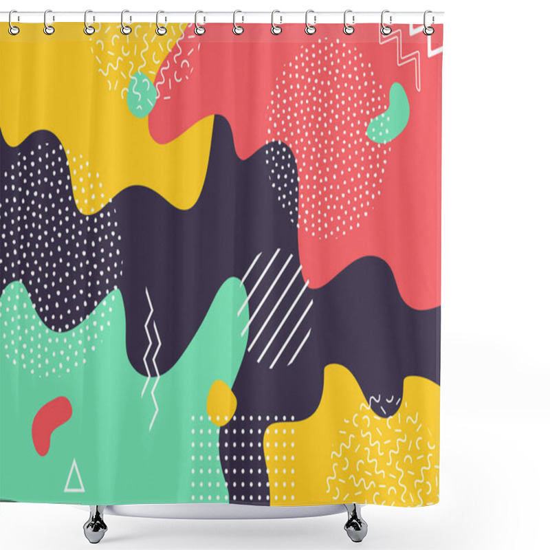 Personality  Vector Abstract Pop Art Pattern Background With Lines And Dots. Modern Liquid Splashes Of Geometric Shapes In Trendy Memphis Style Shower Curtains