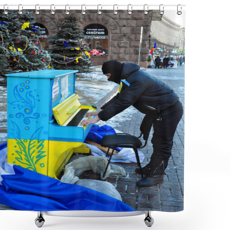 Personality  KIEV (KYIV), UKRAINE - FEBRUARY 2, 2014: Revolutionary Plays The Piano In The Middle Of Khreschatyk Shower Curtains