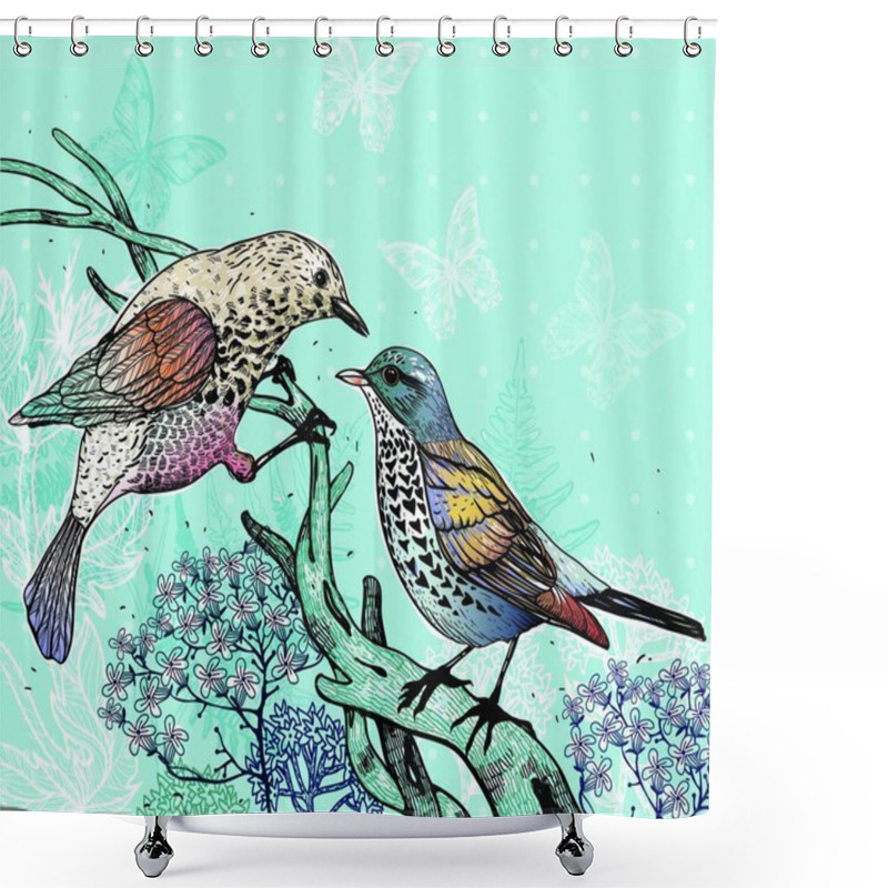 Personality  Vector Illustration Of Two Forest Birds And Blooming Plants Shower Curtains