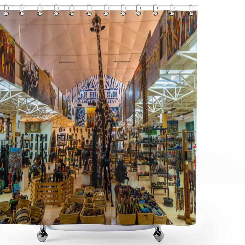 Personality  March 10, 2020. Tanzania, Moshi. Handcrafted Or Handmade African Souvenirs. Traditional African Masks, Figurine And Others Souvenirs Sold In A Souvenir Shop, Tanzania, Africa. Shower Curtains