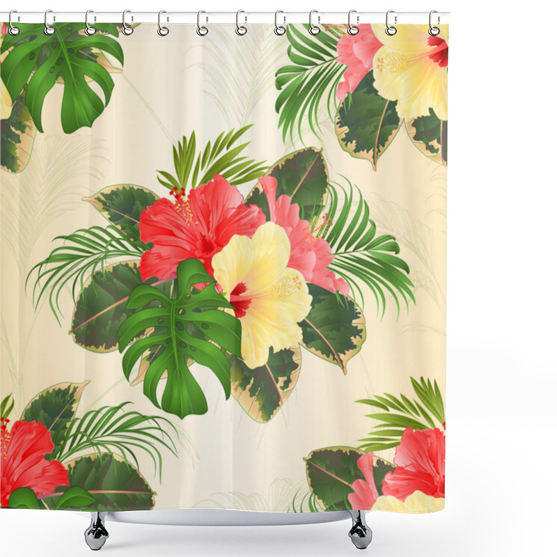 Personality  Seamless Texture Bouquet With Tropical Flowers Hawaiian Style Floral Arrangement, With Beautiful Pink And Yellow Hibiscus, Palm,philodendron And Ficus Vintage Vector Illustration  Editable Hand Draw  Shower Curtains