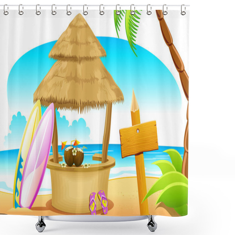 Personality  Straw Hut And Surfing Board In Beach Shower Curtains