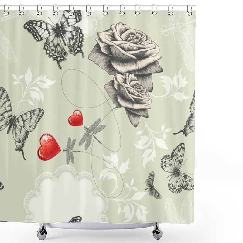 Personality  Seamless Wallpaper With Roses, Butterflies And Red Hearts, Hand Drawing. Ve Shower Curtains