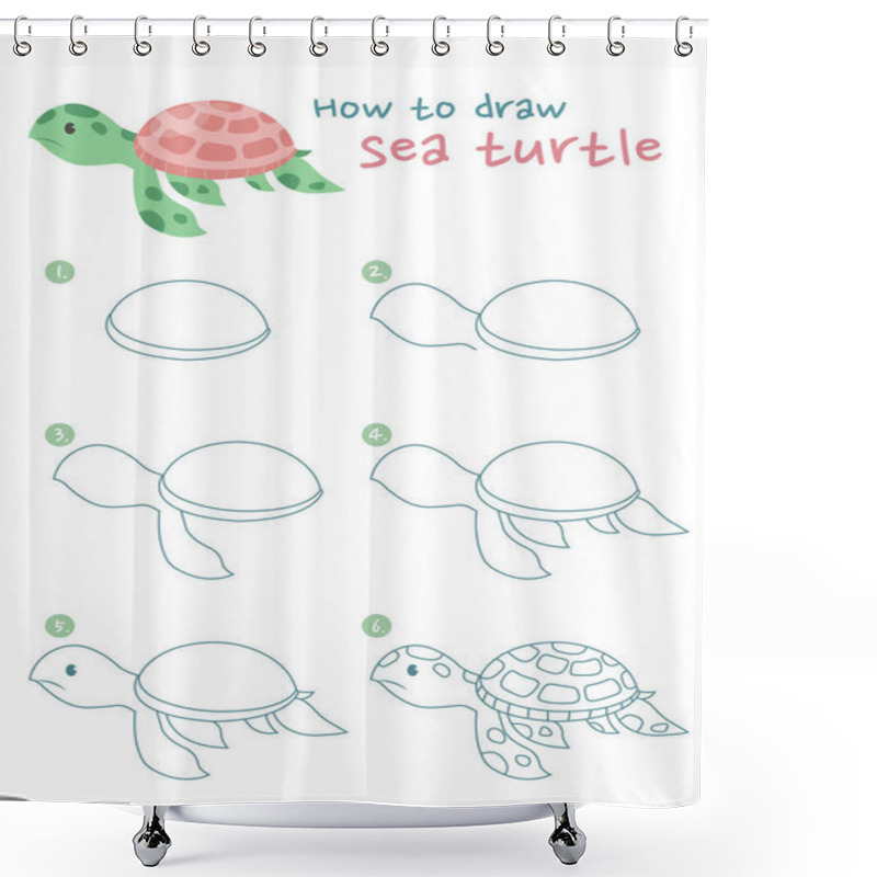 Personality  How To Draw A Sea Turtle Vector Illustration. Draw A Sea Turtle Step By Step. Marine Turtle Drawing Guide. Cute And Easy Drawing Guidebook. Shower Curtains