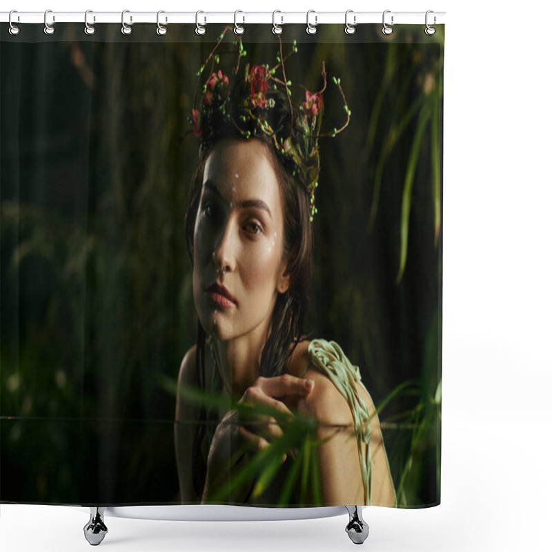 Personality  A Woman Adorned With A Floral Crown Poses In A Swamp, Surrounded By Lush Greenery. Shower Curtains