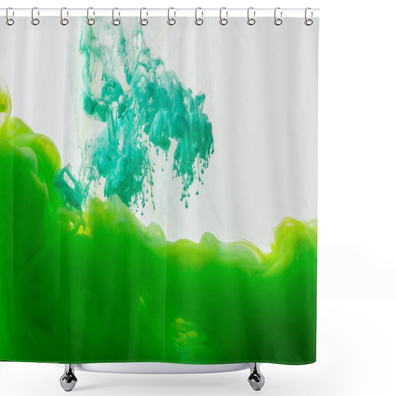 Personality  Close Up View Of Mixing Of Green And Bright Turquoise Paints Splashes In Water Isolated On Gray Shower Curtains