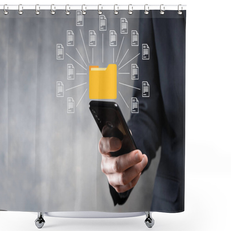 Personality  Document Management System DMS .Businessman Hold Folder And Document Icon.Software For Archiving, Searching And Managing Corporate Files And Information.Internet Technology Concept.Digital Security Shower Curtains