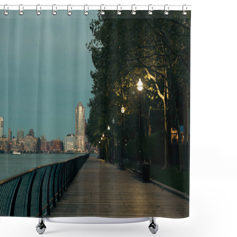 Personality  Luminous Lanterns Near Trees On Hudson River Embankment And Evening Cityscape Of Manhattan In New York City Shower Curtains