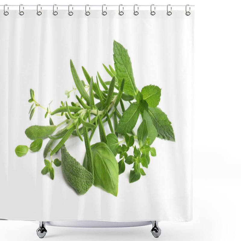 Personality  Various Fresh Aromatic Herbs On White Background Shower Curtains