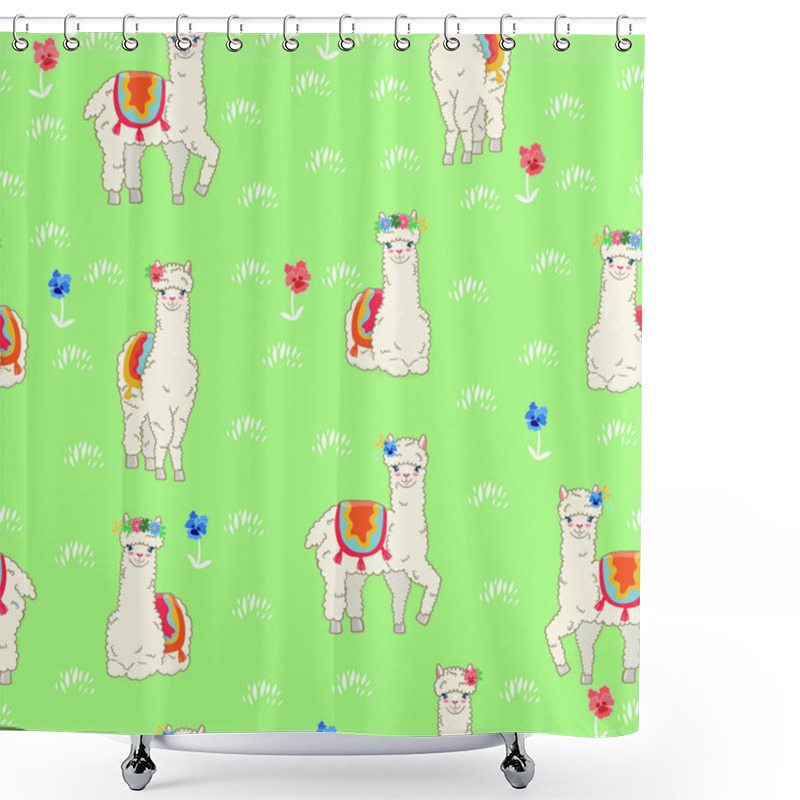 Personality  Seamless Pattern With Llamas In The Spring Meadow. Vector Graphics. Shower Curtains