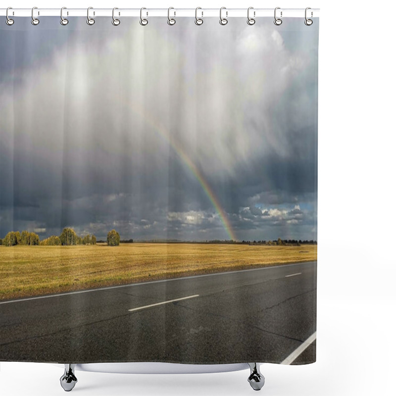 Personality  A Highway Runs Alongside A Golden Field Under A Dramatic Gray Sky, Highlighted By A Vibrant Rainbow. Perfect For Themes Of Landscapes, Nature, Weather, Or Rural Scenery. Shower Curtains