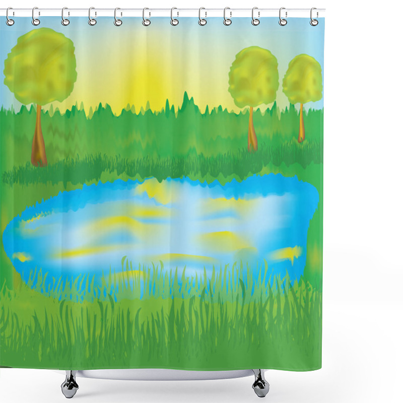 Personality  Landscape With Lake, Sunrise, Meadow, Trees Shower Curtains