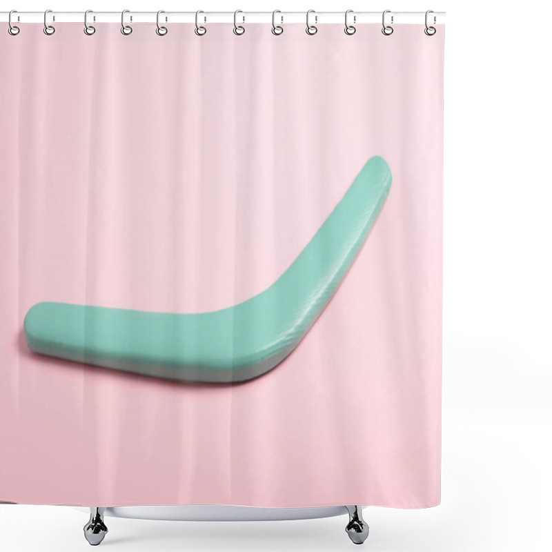 Personality  Turquoise Wooden Boomerang On Pink Background. Outdoor Activity Shower Curtains