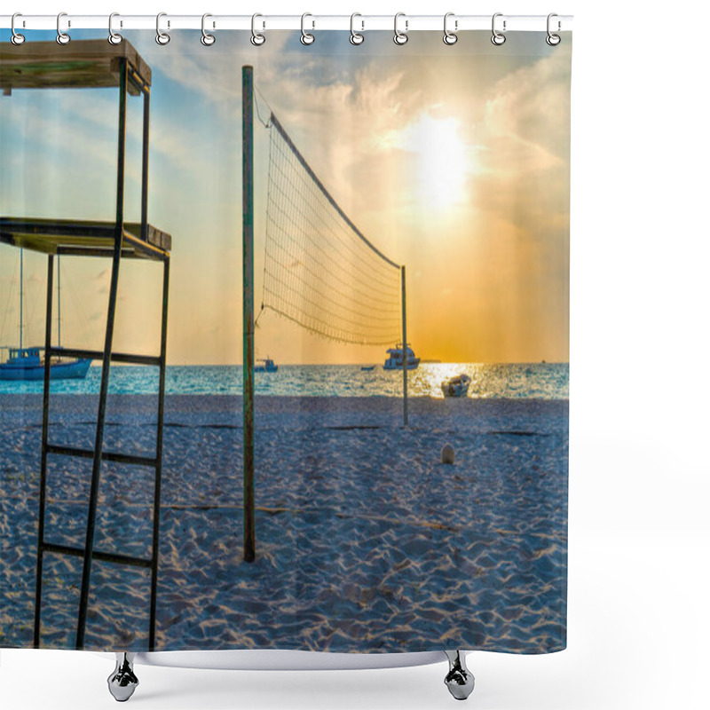 Personality  Volleyball Net On A Deserted Sandy Beach On The Tropical Sea. Shower Curtains