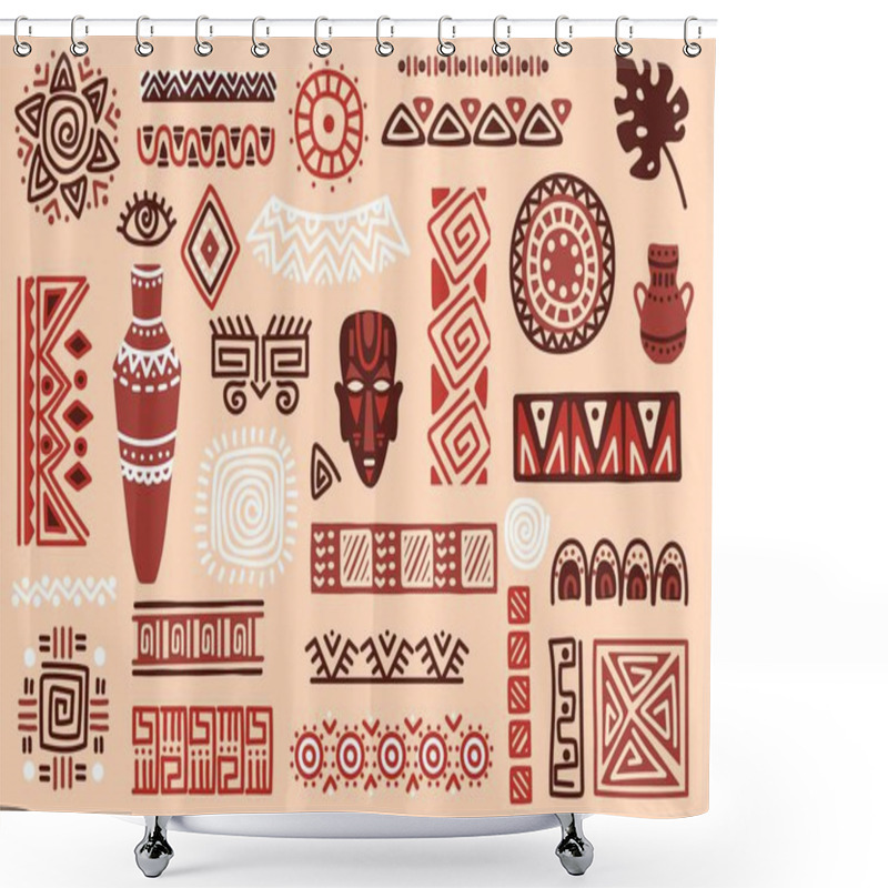 Personality  Hand Drawn African Elements, Tribal Shapes And Textile Ornaments. Traditional Ritual Masks, Vases, Ethnic Circles And Borders Vector Set Shower Curtains