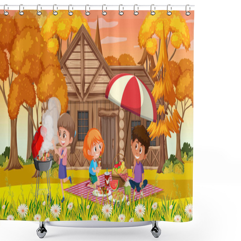 Personality  Autumn Scene With Many Children Picnic In The Park Illustration Shower Curtains